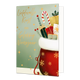 Liefdevolle kerst en gelukkig nieuwjaar - Formaat: Standaard - Vorm: Staand - Kerstkaart - Op deze wenskaart staat een rode kerstsok gevuld met diverse ingepakte cadeautjes, een rood-wit gestreepte zuurstok en takjes tegen een lichtgroene achtergrond. De sok is versierd met goudkleurige sneeuwvlokken en heeft een witte pluche rand aan de bovenzijde. De achtergrond is voorzien van fonkelende gele sterren en subtiele lichtvlekken. Links op de kaart bevindt zich de goudkleurige handgeschreven tekst "Liefdevol