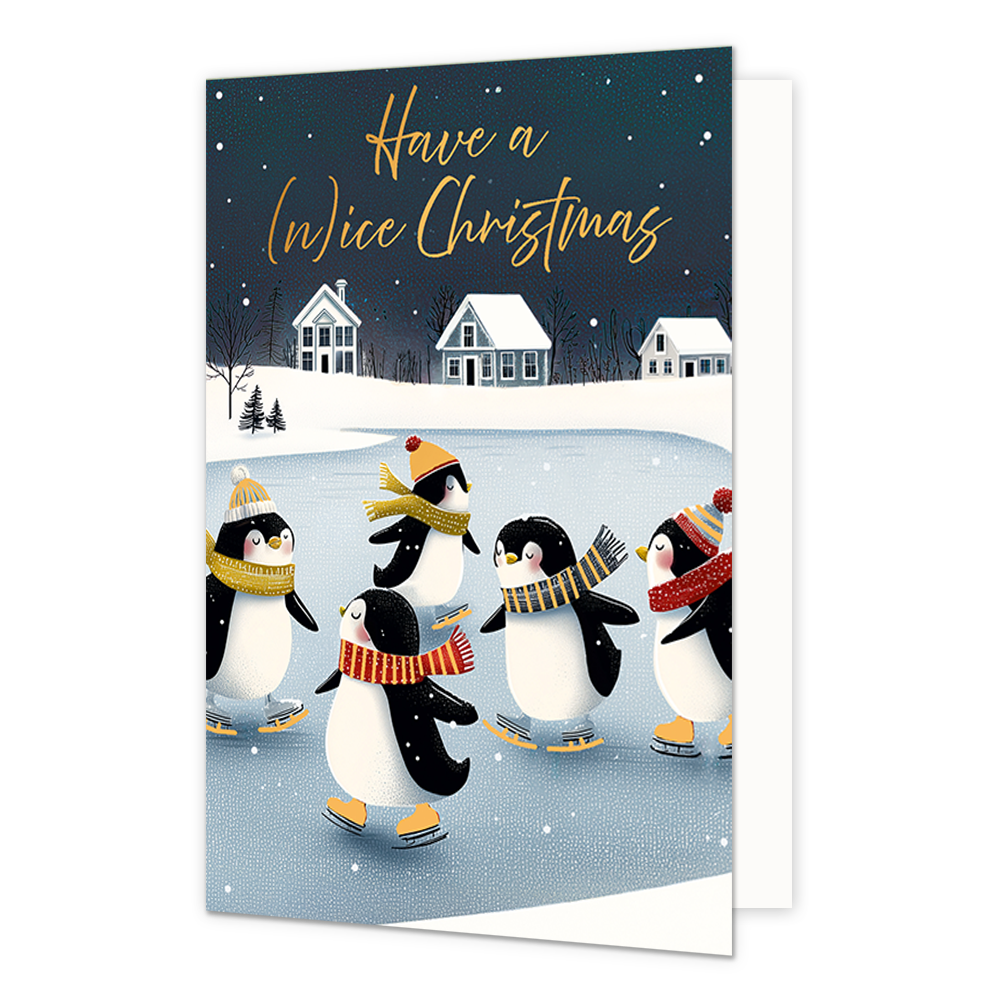 Have a (n)ice christmas - Formaat: Standaard - Vorm: Staand - Kerstkaart - Op deze wenskaart zijn vijf schaatsende pinguïns te zien op een bevroren meer, met op de achtergrond een winters landschap met besneeuwde huizen en bomen. De pinguïns dragen vrolijke mutsen en sjaals in verschillende kleuren zoals geel, oranje en rood, en schaatsen vrolijk rond. De donkerblauwe nachthemel boven het tafereel is gevuld met subtiele witte sneeuwvlokken. Bovenaan de illustratie staat de goudkleurige, sierlijke tekst "Ha