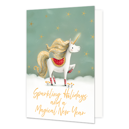 Sparkling holidays and a magical new year - Formaat: Standaard - Vorm: Staand - Kerstkaart - Op deze wenskaart is een witte eenhoorn afgebeeld met gouden manen, een staart en een oplichtende gouden hoorn, staand in een besneeuwd landschap. De eenhoorn draagt rode beenwarmers met witte strepen en een roodkleurig dekje met witte stippen en een gouden rand op haar rug. De achtergrond is groen van kleur en versierd met vele stralende gele sterren. Onderaan de illustratie staat de gele, sierlijke handgeschreven