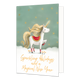 Sparkling holidays and a magical new year - Formaat: Standaard - Vorm: Staand - Kerstkaart - Op deze wenskaart is een witte eenhoorn afgebeeld met gouden manen, een staart en een oplichtende gouden hoorn, staand in een besneeuwd landschap. De eenhoorn draagt rode beenwarmers met witte strepen en een roodkleurig dekje met witte stippen en een gouden rand op haar rug. De achtergrond is groen van kleur en versierd met vele stralende gele sterren. Onderaan de illustratie staat de gele, sierlijke handgeschreven