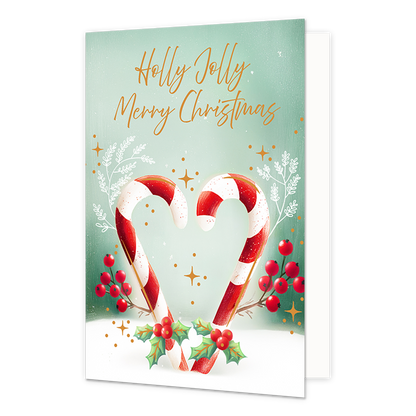 Holly jolly merry christmas - Formaat: Standaard - Vorm: Staand - Kerstkaart - Op deze wenskaart staan twee rood-wit gestreepte zuurstokken afgebeeld die samen de vorm van een hart vormen, tegen een groene achtergrond met witte takjes en rode bessen. De zuurstokken zijn onderaan versierd met groene hulstblaadjes en rode bessen, staand op een witte, besneeuwde ondergrond. De achtergrond is verder voorzien van kleine gele sterretjes en stipjes. Bovenaan de illustratie staat de gele handgeschreven tekst "Holl