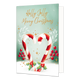 Holly jolly merry christmas - Formaat: Standaard - Vorm: Staand - Kerstkaart - Op deze wenskaart staan twee rood-wit gestreepte zuurstokken afgebeeld die samen de vorm van een hart vormen, tegen een groene achtergrond met witte takjes en rode bessen. De zuurstokken zijn onderaan versierd met groene hulstblaadjes en rode bessen, staand op een witte, besneeuwde ondergrond. De achtergrond is verder voorzien van kleine gele sterretjes en stipjes. Bovenaan de illustratie staat de gele handgeschreven tekst "Holl