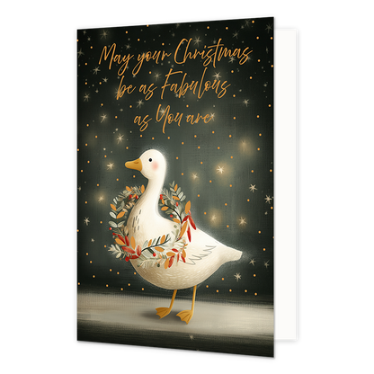 May your christmas be as fabulous as you are - Formaat: Standaard - Vorm: Staand - Kerstkaart - Op deze wenskaart is een witte gans afgebeeld die een feestelijke krans met herfst- en winterbladeren om zijn nek draagt. De gans staat op een lichte ondergrond tegen een donkere achtergrond die gevuld is met gele stipjes en stralende sterretjes. Bovenaan de illustratie staat de oranje, handgeschreven tekst "May your Christmas be as Fabulous as You are". - Snelwenskaart