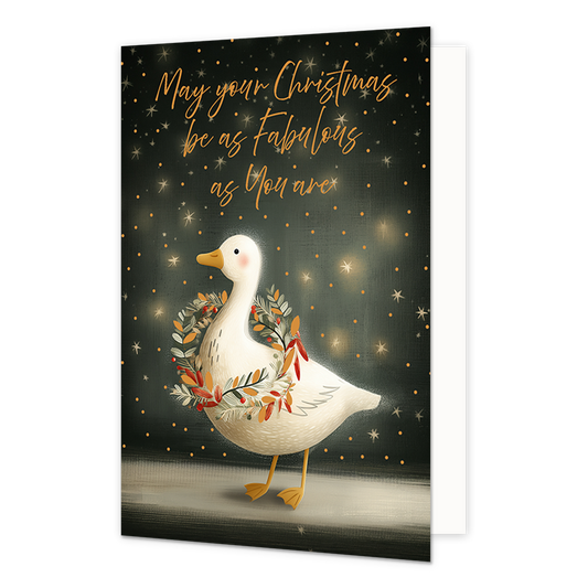 May your christmas be as fabulous as you are - Formaat: Standaard - Vorm: Staand - Kerstkaart - Op deze wenskaart is een witte gans afgebeeld die een feestelijke krans met herfst- en winterbladeren om zijn nek draagt. De gans staat op een lichte ondergrond tegen een donkere achtergrond die gevuld is met gele stipjes en stralende sterretjes. Bovenaan de illustratie staat de oranje, handgeschreven tekst "May your Christmas be as Fabulous as You are". - Snelwenskaart