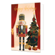 Happy holidays - Formaat: Standaard - Vorm: Staand - Kerstkaart - Op deze wenskaart staat een klassieke notenkraker in een rood-met-groen uniform afgebeeld, geflankeerd door een versierde kerstboom en ingepakte cadeautjes. Het geheel is omlijst door rode gordijnen aan weerszijden tegen een lichte achtergrond. De kerstboom is getooid met rode kerstballen, slingers en een ster op de top. Bovenaan de illustratie staat de goudkleurige handgeschreven tekst "Happy Holidays". - Snelwenskaart
