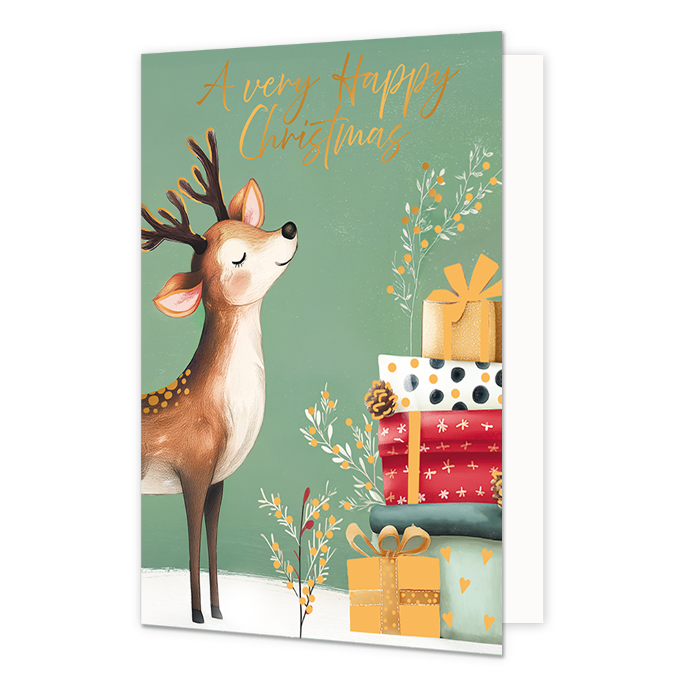 A very happy christmas - Formaat: Standaard - Vorm: Staand - Kerstkaart - Op deze wenskaart is een lief hert met een gewei afgebeeld, staand in een besneeuwd landschap tegen een zachte groene achtergrond. Naast het hert bevindt zich een stapel kleurrijke cadeautjes versierd met linten, takjes met besjes en dennenappels. De achtergrond is verder voorzien van subtiele witte stipjes die op sneeuw lijken. Bovenaan de illustratie staat de goudkleurige handgeschreven tekst "A very Happy Christmas". - Snelwenskaa