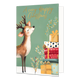 A very happy christmas - Formaat: Standaard - Vorm: Staand - Kerstkaart - Op deze wenskaart is een lief hert met een gewei afgebeeld, staand in een besneeuwd landschap tegen een zachte groene achtergrond. Naast het hert bevindt zich een stapel kleurrijke cadeautjes versierd met linten, takjes met besjes en dennenappels. De achtergrond is verder voorzien van subtiele witte stipjes die op sneeuw lijken. Bovenaan de illustratie staat de goudkleurige handgeschreven tekst "A very Happy Christmas". - Snelwenskaa