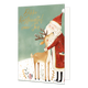 Dikke kerstknuffel voor jou - Formaat: Standaard - Vorm: Staand - Kerstkaart - Op deze wenskaart is te zien hoe de Kerstman liefdevol een hert omhelst in een besneeuwd winterlandschap. De Kerstman draagt een rode jas en een bijpassende muts met een witte rand en pompon, terwijl het hert zijn ogen sluit tegen zijn zachte baard. De achtergrond heeft een zachte groene kleur die is versierd met subtiele stippen en kleine takjes onderaan de besneeuwde grond. Bovenaan de illustratie staat de gele, handgeschreven