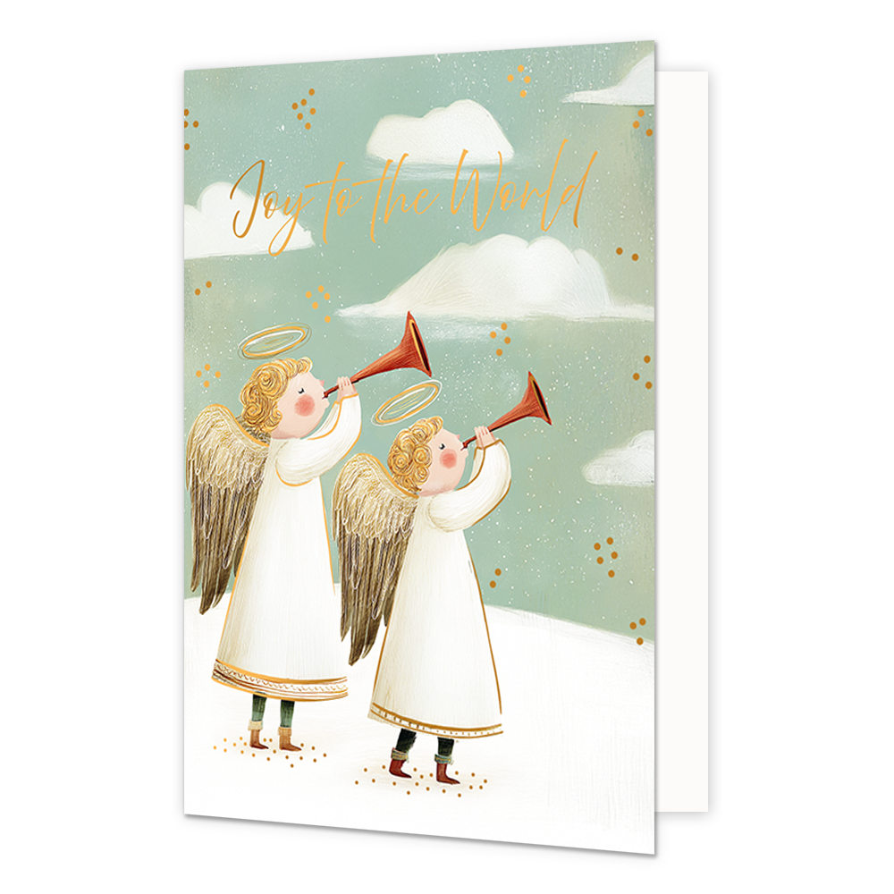 Joy to the world - Formaat: Standaard - Vorm: Staand - Kerstkaart - Op deze wenskaart zijn twee engelen in witte gewaden met gouden vleugels en halo's afgebeeld die op rode hoorns blazen. Ze staan in een besneeuwd landschap tegen een groenblauwe lucht vol witte wolken en kleine gouden stippen. Bovenaan in het midden staat de oranje handgeschreven tekst "Joy to the World". - Snelwenskaart