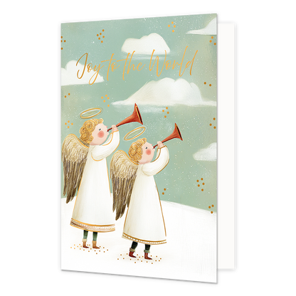 Joy to the world - Formaat: Standaard - Vorm: Staand - Kerstkaart - Op deze wenskaart zijn twee engelen in witte gewaden met gouden vleugels en halo's afgebeeld die op rode hoorns blazen. Ze staan in een besneeuwd landschap tegen een groenblauwe lucht vol witte wolken en kleine gouden stippen. Bovenaan in het midden staat de oranje handgeschreven tekst "Joy to the World". - Snelwenskaart