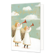 Joy to the world - Formaat: Standaard - Vorm: Staand - Kerstkaart - Op deze wenskaart zijn twee engelen in witte gewaden met gouden vleugels en halo's afgebeeld die op rode hoorns blazen. Ze staan in een besneeuwd landschap tegen een groenblauwe lucht vol witte wolken en kleine gouden stippen. Bovenaan in het midden staat de oranje handgeschreven tekst "Joy to the World". - Snelwenskaart