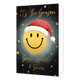 It's the season - Formaat: Standaard - Vorm: Staand - Kerstkaart - Op deze wenskaart is een gele smiley afgebeeld die een rode kerstmuts met een witte rand en pompon draagt. De smiley bevindt zich centraal tegen een donkere achtergrond die versierd is met kleine gouden sterretjes en stipjes. Bovenaan de illustratie staat de gele, handgeschreven tekst "It's The Season". Onderaan de illustratie is de gele, handgeschreven tekst "Smile, Sparkle & Shine" te zien. - Snelwenskaart