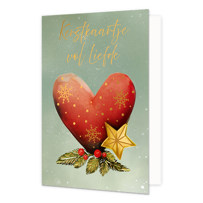 Kerstkaartje vol liefde - Formaat: Standaard - Vorm: Staand - Kerstkaart - Op deze wenskaart staat een groot, rood hart afgebeeld dat is versierd met gouden sneeuwvlokken en stippen. Het hart rust op groene dennentakken met rode bessen en wordt vergezeld door een gouden ster aan de onderzijde. De achtergrond is zachtgroen van kleur met subtiele witte spikkels die op sneeuw lijken. Bovenaan de illustratie staat de gele, handgeschreven tekst "Kerstkaartje vol liefde". - Snelwenskaart