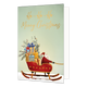Ho ho ho merry christmas - Formaat: Standaard - Vorm: Staand - Kerstkaart - Op deze wenskaart is een rode slee vol met ingepakte cadeautjes en dennentakken afgebeeld, bestuurd door de Kerstman in een besneeuwd landschap. De Kerstman zit in de rode slee en houdt de teugels vast tegen een zachtgroene achtergrond. Bovenaan de illustratie staat de goudkleurige, handgeschreven tekst "Ho-Ho-Ho Merry Christmas". - Snelwenskaart