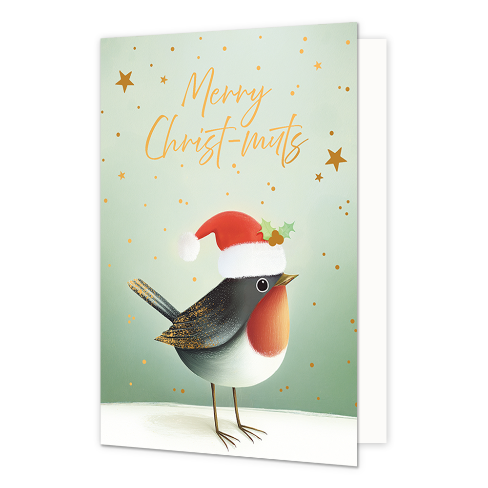 Merry christ-muts - Formaat: Standaard - Vorm: Staand - Kerstkaart - Op deze wenskaart staat een roodborstje afgebeeld dat op een besneeuwde ondergrond staat en een kleine rode kerstmuts met witte rand en een hulstblaadje draagt. De achtergrond is lichtgroen van kleur en is versierd met kleine gouden stipjes en sterretjes. Bovenaan de illustratie staat de gele, handgeschreven tekst "Merry Christ-muts". - Snelwenskaart