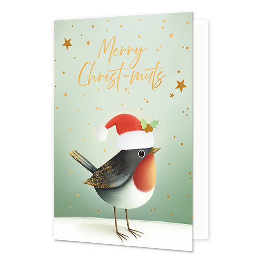 Merry christ-muts - Formaat: Standaard - Vorm: Staand - Kerstkaart - Op deze wenskaart staat een roodborstje afgebeeld dat op een besneeuwde ondergrond staat en een kleine rode kerstmuts met witte rand en een hulstblaadje draagt. De achtergrond is lichtgroen van kleur en is versierd met kleine gouden stipjes en sterretjes. Bovenaan de illustratie staat de gele, handgeschreven tekst "Merry Christ-muts". - Snelwenskaart