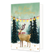 Oh Deer! Merry christmas - Formaat: Standaard - Vorm: Staand - Kerstkaart - Op deze wenskaart staat een hert met een rood-witte sjaal en een lichtsnoer om zijn lichaam afgebeeld in een besneeuwd bos vol donkere kerstbomen. Boven het bos hangt een rode slinger met brandende gele lichtjes tegen een zachtgroene achtergrond. Op de voorgrond liggen gouden sneeuwvlokken en stipjes verspreid in de sneeuw. Bovenaan de illustratie staat de gele, handgeschreven tekst "Oh Deer! Merry Christmas". - Snelwenskaart
