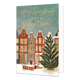 Merry everything and a happy always - Formaat: Standaard - Vorm: Staand - Kerstkaart - Op deze wenskaart is een winterse stadsgezicht te zien met traditionele grachtenpandjes en een grote kerstboom op de besneeuwde voorgrond. Onderaan loopt een dachshund hondje dat een kerstmuts en een kersttrui draagt door de sneeuw. De lucht is groenblauw van kleur en gevuld met vallende sneeuwvlokken en gouden stipjes. Bovenaan de illustratie staat de goudkleurige handgeschreven tekst "Merry Everything and a Happy Alway