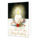 Love peace & joy merry christmas - Formaat: Standaard - Vorm: Staand - Kerstkaart - Op deze wenskaart staat een brandende witte kaars afgebeeld die geplaatst is op een lichte ondergrond tegen een donkere achtergrond. Om de voet van de kaars heen bevinden zich groene dennentakken, rode bessen en een kleine rode kerstster. De vlam van de kaars verspreidt een heldere gloed met stralen die naar boven toe uitstralen. Onderaan de illustratie staat de goudkleurige, handgeschreven tekst "Love, Peace & Joy Merry Ch