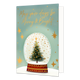 May your days be merry & bright - Formaat: Standaard - Vorm: Staand - Kerstkaart - Op deze wenskaart staat een glazen sneeuwbol afgebeeld met daarin een versierde kerstboom tegen een besneeuwde ondergrond. De sneeuwbol rust op een rood met gouden voetstuk en is omringd door diverse gouden sterren tegen een lichtgroene achtergrond. Bovenaan de illustratie staat de goudkleurige, handgeschreven tekst "May your days be Merry & Bright". - Snelwenskaart