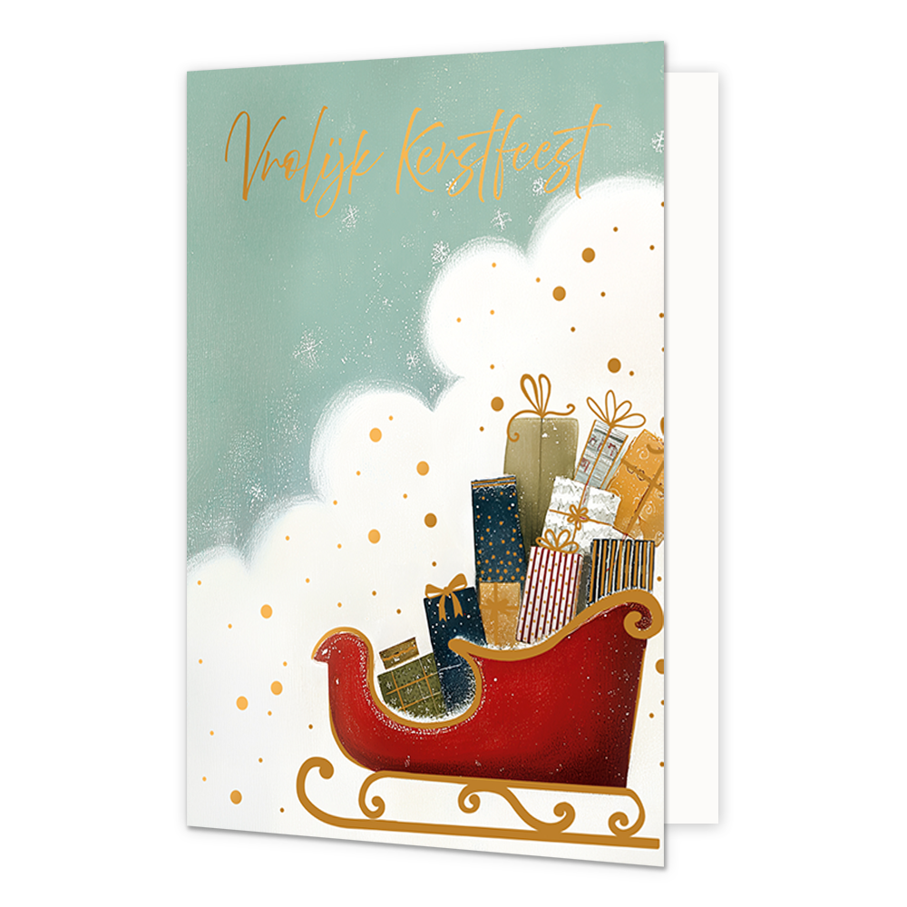Vrolijk kerstfeest - Formaat: Standaard - Vorm: Staand - Kerstkaart - Op deze wenskaart staat een rode kerstslee vol met diverse ingepakte cadeautjes tegen een lichtgroene achtergrond met witte wolken en gouden stippen. De slee is voorzien van gouden krullen aan de onderkant en bevindt zich in een winterse sfeer. Bovenaan de illustratie staat de gele, handgeschreven tekst "Vrolijk Kerstfeest". - Snelwenskaart