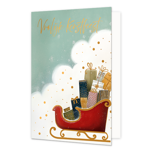 Vrolijk kerstfeest - Formaat: Standaard - Vorm: Staand - Kerstkaart - Op deze wenskaart staat een rode kerstslee vol met diverse ingepakte cadeautjes tegen een lichtgroene achtergrond met witte wolken en gouden stippen. De slee is voorzien van gouden krullen aan de onderkant en bevindt zich in een winterse sfeer. Bovenaan de illustratie staat de gele, handgeschreven tekst "Vrolijk Kerstfeest". - Snelwenskaart