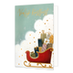 Vrolijk kerstfeest - Formaat: Standaard - Vorm: Staand - Kerstkaart - Op deze wenskaart staat een rode kerstslee vol met diverse ingepakte cadeautjes tegen een lichtgroene achtergrond met witte wolken en gouden stippen. De slee is voorzien van gouden krullen aan de onderkant en bevindt zich in een winterse sfeer. Bovenaan de illustratie staat de gele, handgeschreven tekst "Vrolijk Kerstfeest". - Snelwenskaart