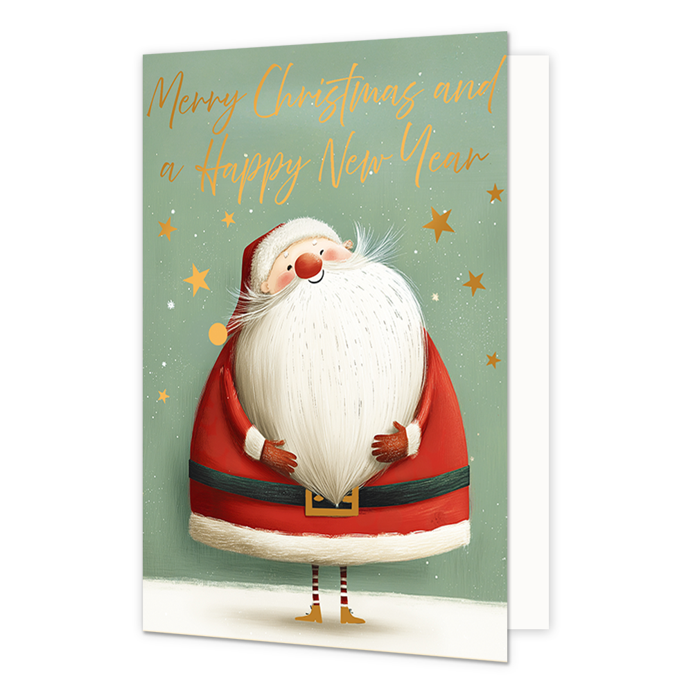 Merry christmas and a happy new year - Formaat: Standaard - Vorm: Staand - Kerstkaart - Op deze wenskaart staat de Kerstman afgebeeld met een zeer grote witte baard en een kegelvormig rood pak met een zwarte riem. Hij staat op dunne gestreepte beentjes met schoentjes in een besneeuwd landschap tegen een lichtgroene achtergrond. Rondom de Kerstman zijn verspreid gouden sterretjes en stipjes te zien. Bovenaan de illustratie staat de gele, handgeschreven tekst "Merry Christmas and a Happy New Year". - Snelwen