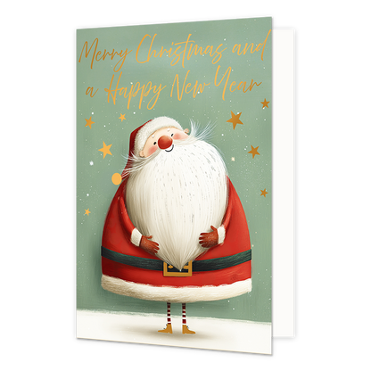 Merry christmas and a happy new year - Formaat: Standaard - Vorm: Staand - Kerstkaart - Op deze wenskaart staat de Kerstman afgebeeld met een zeer grote witte baard en een kegelvormig rood pak met een zwarte riem. Hij staat op dunne gestreepte beentjes met schoentjes in een besneeuwd landschap tegen een lichtgroene achtergrond. Rondom de Kerstman zijn verspreid gouden sterretjes en stipjes te zien. Bovenaan de illustratie staat de gele, handgeschreven tekst "Merry Christmas and a Happy New Year". - Snelwen