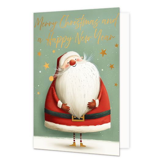 Merry christmas and a happy new year - Formaat: Standaard - Vorm: Staand - Kerstkaart - Op deze wenskaart staat de Kerstman afgebeeld met een zeer grote witte baard en een kegelvormig rood pak met een zwarte riem. Hij staat op dunne gestreepte beentjes met schoentjes in een besneeuwd landschap tegen een lichtgroene achtergrond. Rondom de Kerstman zijn verspreid gouden sterretjes en stipjes te zien. Bovenaan de illustratie staat de gele, handgeschreven tekst "Merry Christmas and a Happy New Year". - Snelwen