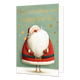 Merry christmas and a happy new year - Formaat: Standaard - Vorm: Staand - Kerstkaart - Op deze wenskaart staat de Kerstman afgebeeld met een zeer grote witte baard en een kegelvormig rood pak met een zwarte riem. Hij staat op dunne gestreepte beentjes met schoentjes in een besneeuwd landschap tegen een lichtgroene achtergrond. Rondom de Kerstman zijn verspreid gouden sterretjes en stipjes te zien. Bovenaan de illustratie staat de gele, handgeschreven tekst "Merry Christmas and a Happy New Year". - Snelwen