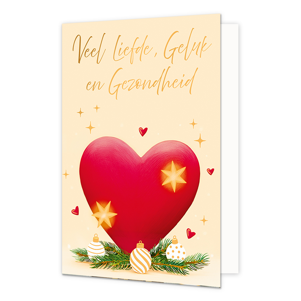 Veel liefde, geluk en gezondheid - Formaat: Standaard - Vorm: Staand - Kerstkaart - Op deze wenskaart staat een groot rood hart afgebeeld dat versierd is met twee oplichtende sterren tegen een lichte, crèmekleurige achtergrond. Onder het hart liggen groene dennentakken met drie kleine kerstballen die wit en goud gekleurd zijn. Rondom het hart zijn kleine rode hartjes en gouden sterretjes te zien. Bovenaan de illustratie staat de goudkleurige, handgeschreven tekst "Veel Liefde, Geluk en Gezondheid". - Snelw