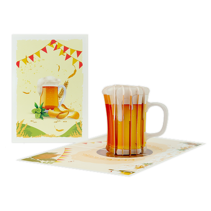 Bier - Formaat: Normaal - Vorm: Staand - Blanco kaart - Op deze wenskaart staat een groot glas bier omringt door slingers en chips. - Snelwenskaart