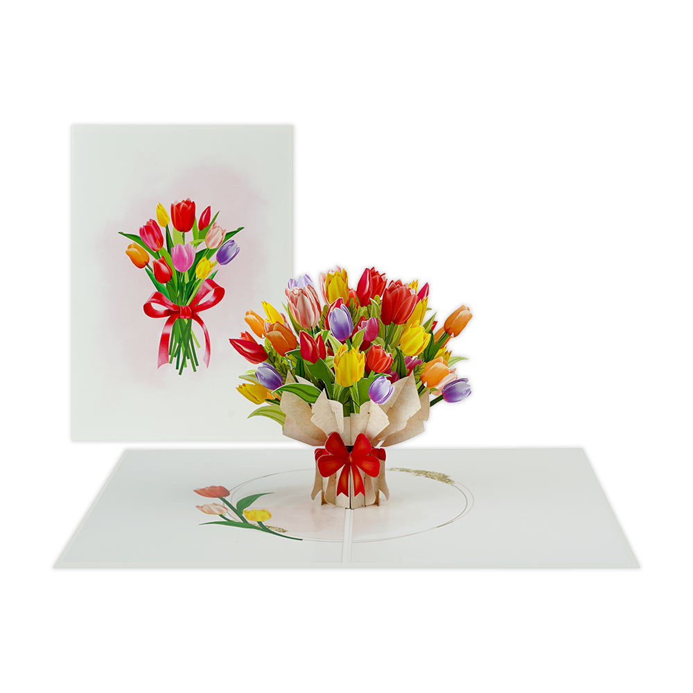 Tulpenboeket - Formaat: Standaard - Vorm: Staand - Blanco kaart - Op deze wenskaart staat een groot boeket van tulpen in diverse kleuren. - Snelwenskaart