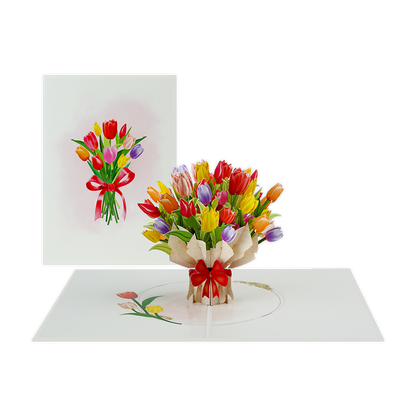 Tulpenboeket - Formaat: Standaard - Vorm: Staand - Blanco kaart - Op deze wenskaart staat een groot boeket van tulpen in diverse kleuren. - Snelwenskaart