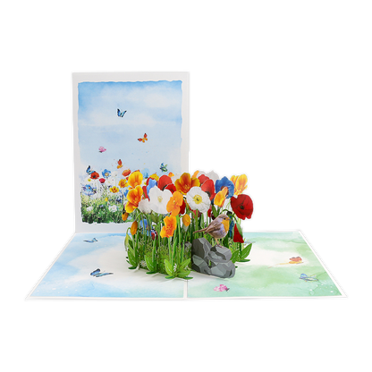 Bloemenveld - Formaat: Normaal - Vorm: Staand - Blanco kaart - Op deze wenskaart staat een bloemenveld met bloemen in diverse kleuren, vlinders en vogels. - Snelwenskaart