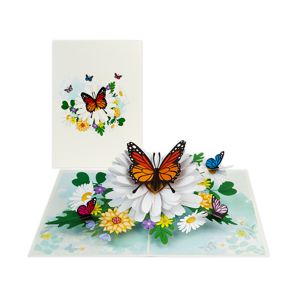 Vlinderbloem - Formaat: Normaal - Vorm: Staand - Blanco kaart - Op deze wenskaart staat een grote vlinder die op een witte bloem zit, omringt door kleinere vlinders en bloemen. - Snelwenskaart