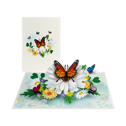 Vlinderbloem - Formaat: Normaal - Vorm: Staand - Blanco kaart - Op deze wenskaart staat een grote vlinder die op een witte bloem zit, omringt door kleinere vlinders en bloemen. - Snelwenskaart