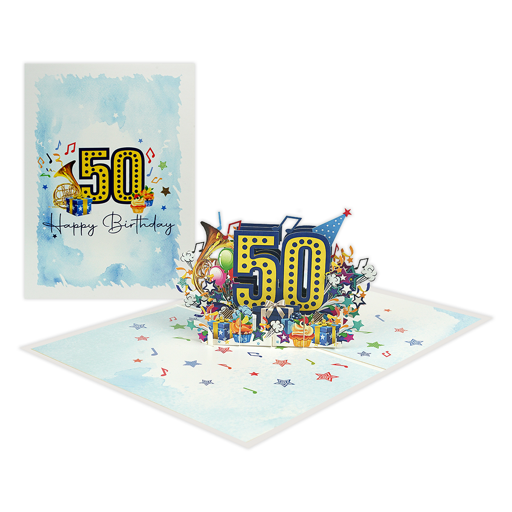50 Happy birthday - Formaat: Normaal - Vorm: Staand - Verjaardagskaart - Op deze wenskaart staat de tekst: "50 Happy birthday" omringt door cadeautjes, muzieknoten, cupcakes, ballonnen en muziekinstrumenten. - Snelwenskaart