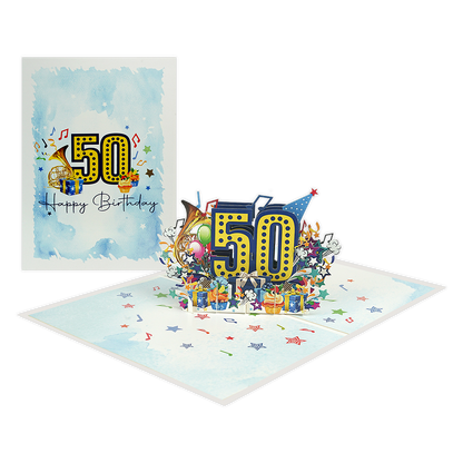 50 Happy birthday - Formaat: Normaal - Vorm: Staand - Verjaardagskaart - Op deze wenskaart staat de tekst: "50 Happy birthday" omringt door cadeautjes, muzieknoten, cupcakes, ballonnen en muziekinstrumenten. - Snelwenskaart