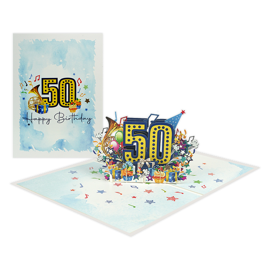 50 Happy birthday - Formaat: Normaal - Vorm: Staand - Verjaardagskaart - Op deze wenskaart staat de tekst: "50 Happy birthday" omringt door cadeautjes, muzieknoten, cupcakes, ballonnen en muziekinstrumenten. - Snelwenskaart