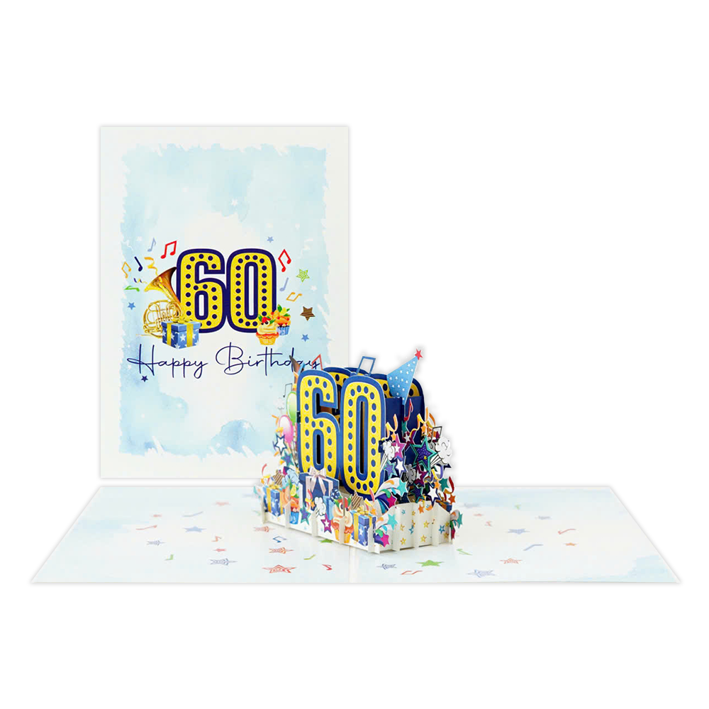 60 Happy birthday - Formaat: Normaal - Vorm: Staand - Verjaardagskaart - Op deze wenskaart staat de tekst: "60 Happy birthday" omringt door cadeautjes, muzieknoten, cupcakes, ballonnen en muziekinstrumenten. - Snelwenskaart