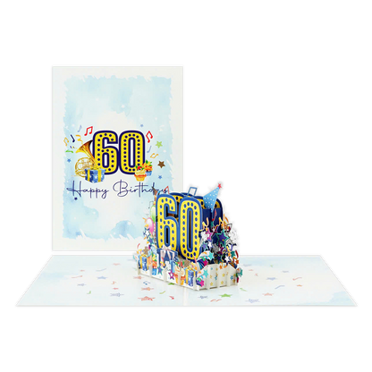 60 Happy birthday - Formaat: Normaal - Vorm: Staand - Verjaardagskaart - Op deze wenskaart staat de tekst: "60 Happy birthday" omringt door cadeautjes, muzieknoten, cupcakes, ballonnen en muziekinstrumenten. - Snelwenskaart