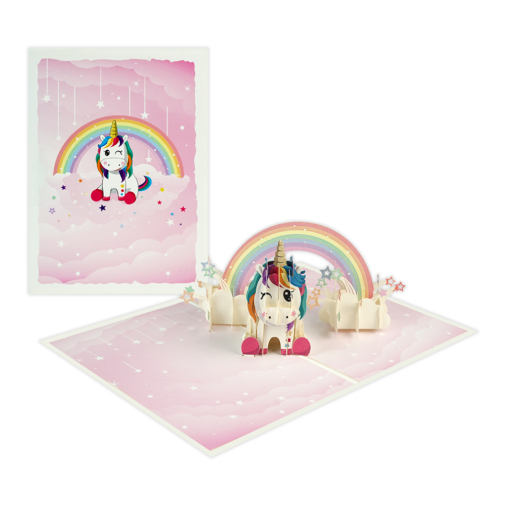 Regenboog eenhoorn - Formaat: Normaal - Vorm: Staand - Blanco kaart - Op deze wenskaart staat een regenboog met daaronder een eenhoorn die op een roze wolk zit. - Snelwenskaart