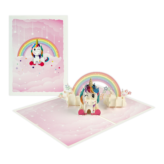 Regenboog eenhoorn - Formaat: Normaal - Vorm: Staand - Blanco kaart - Op deze wenskaart staat een regenboog met daaronder een eenhoorn die op een roze wolk zit. - Snelwenskaart