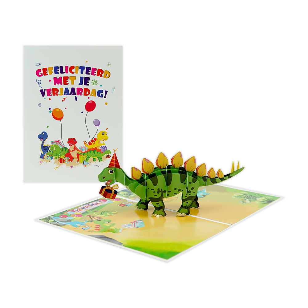Gefeliciteerd met je verjaardag! - Formaat: Normaal - Vorm: Staand - Verjaardagskaart - Op deze wenskaart staat de tekst: "Gefeliciteerd met je verjaardag!" omringt door dino's en ballonnen. - Snelwenskaart