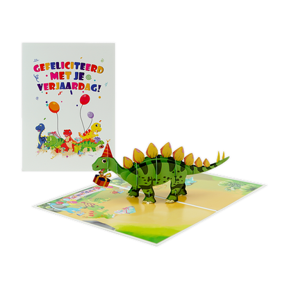Gefeliciteerd met je verjaardag! - Formaat: Normaal - Vorm: Staand - Verjaardagskaart - Op deze wenskaart staat de tekst: "Gefeliciteerd met je verjaardag!" omringt door dino's en ballonnen. - Snelwenskaart