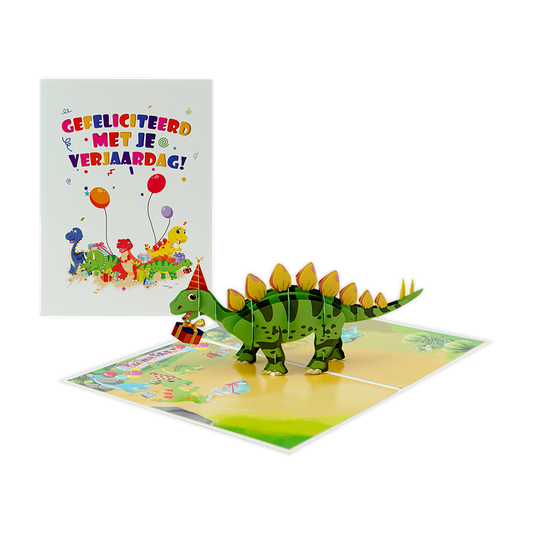 Gefeliciteerd met je verjaardag! - Formaat: Normaal - Vorm: Staand - Verjaardagskaart - Op deze wenskaart staat de tekst: "Gefeliciteerd met je verjaardag!" omringt door dino's en ballonnen. - Snelwenskaart