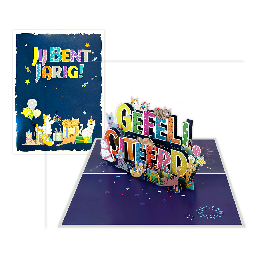 Jij bent jarig! - Formaat: Normaal - Vorm: Staand - Verjaardagskaart - Op deze wenskaart staat de tekst: "Jij bent jarig!" omringt door katten, cadeautjes en ballonnen. - Snelwenskaart