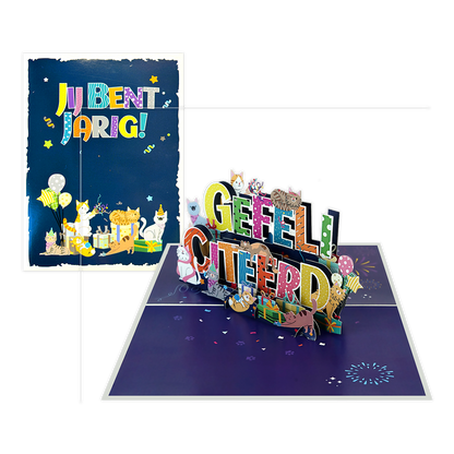 Jij bent jarig! - Formaat: Normaal - Vorm: Staand - Verjaardagskaart - Op deze wenskaart staat de tekst: "Jij bent jarig!" omringt door katten, cadeautjes en ballonnen. - Snelwenskaart